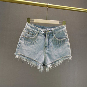 Rhinestone Tassel Denim Shorts Light Blue