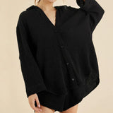 2-Piece Cotton Collar Shirt Shorts Set Black