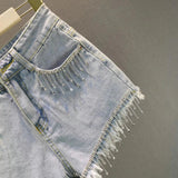 Rhinestone Tassel Denim Shorts Light Blue