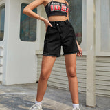 Criss Cross High Waist Denim Shorts Black