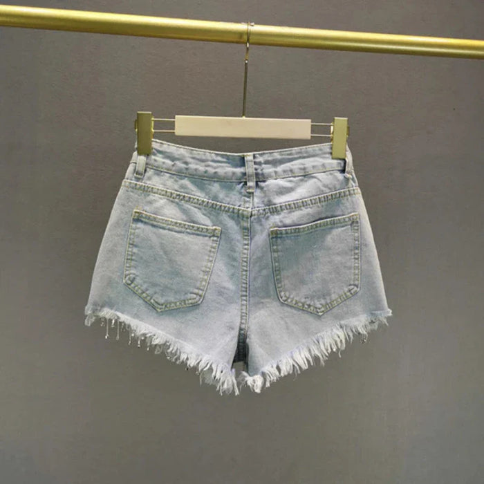 Rhinestone Tassel Denim Shorts Light Blue