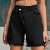 Criss Cross High Waist Denim Shorts Black