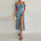 Floral Print Short Sleeve Off Shoulder Boho Slit Midi Dress Blue Floral