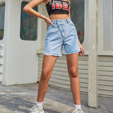 Criss Cross High Waist Denim Shorts Blue