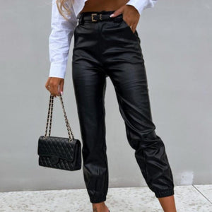 Faux Leather High Waist Cuffed Ankle Pants Black