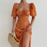 Floral Print Short Sleeve Off Shoulder Boho Slit Midi Dress Orange Floral