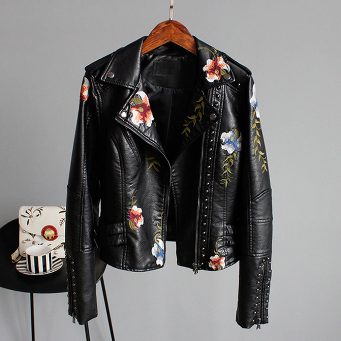 Faux Leather Floral Embroidery Biker Jacket Black