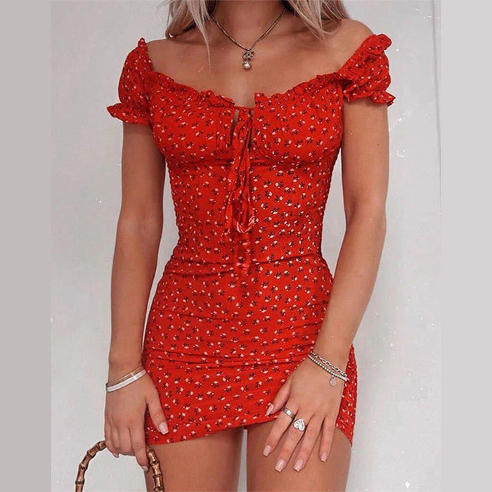 Floral Off Shoulder Ruffle Mini Red