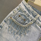 Rhinestone Tassel Denim Shorts Light Blue