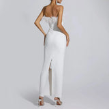 Strapless Feather Tassel Maxi Dress White