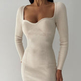 Knitted Long Sleeve Heart Collar Sweater Midi Dress White