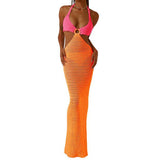 Knitted Deep V-Neck Lace Up Halter Maxi Dress Orange/Pink