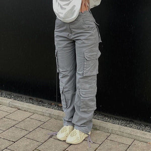 Baggy Wide Leg High Waist Straight Cargo Pants Gray