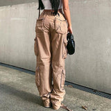 Baggy Wide Leg High Waist Straight Cargo Pants Khaki