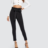 Paperbag Bow Belted High Waist Pants Black