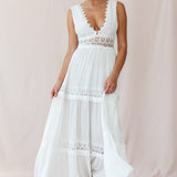 V-Cut White Boho Maxi Dress White