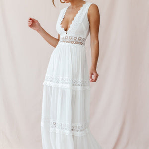 V-Cut White Boho Maxi Dress White