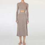 2-Piece Crew Neck Cross Tie Top and Midi Skirt Matching Set Taupe